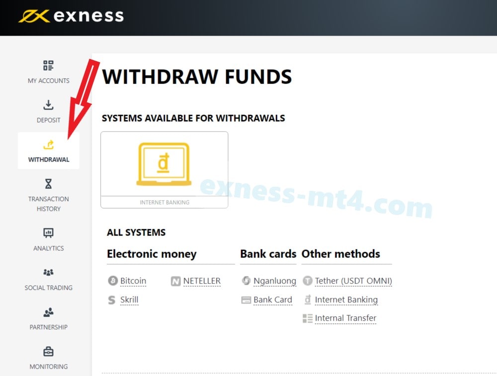 Click on Withdraw menu and Select a payment system